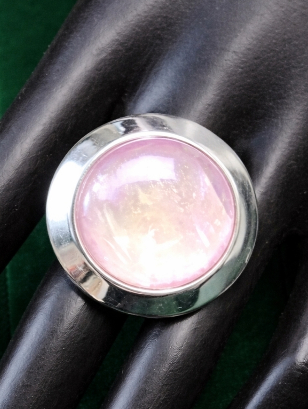 80s Soft Pink Lucite Cabochon Statement Ring Silver Tone Oversized Dome Sizable